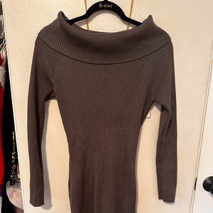 Long Sleeve Off Shoulder Gray Ribbed Sweater Dress